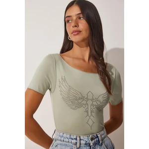 Happiness İstanbul Women's Turquoise Green Knitted Viscose T-Shirt with Embroidered Wings