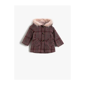 Koton Baby Girl Collar Shearling Coat, Plaid Hooded, Baby Girl Collar Shearling Coat, Plaid Hooded