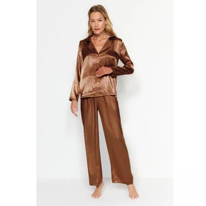 Trendyol Brown Satin Shirt-Pants Weave Pajamas Set