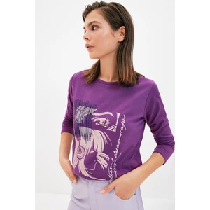 Trendyol Purple Basic Front and Back Printed Knitted T-Shirt