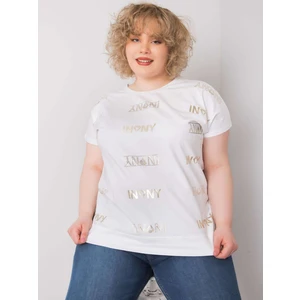 Plus size white blouse with a print and an appliqué