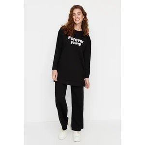 Trendyol Black Slogan Printed Knitted Tracksuit Set with Soft Pile Inside