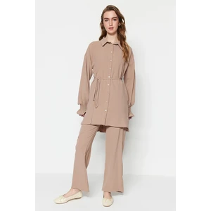 Trendyol Beige Weave Aerobin Shirt-Pants Set with a Belt