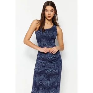 Trendyol Navy Blue Printed Tulle Fitted High Waist Lined Midi Skirt