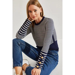 Bianco Lucci Women's Striped Knitwear Sweater with Buttons