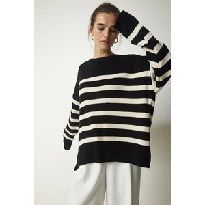 Happiness İstanbul Women's Black Bone Striped Oversize Knitwear Sweater