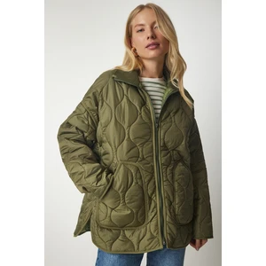 Happiness İstanbul Women's Khaki Pocket Turtleneck Quilted Coat