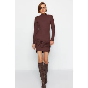 Trendyol Brown High Collar Fitted Long Sleeve Slit Mini Ribbed Stretchy Knitted Dress