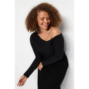 Trendyol Curve Black Boat Neck Corded Knitted Blouse