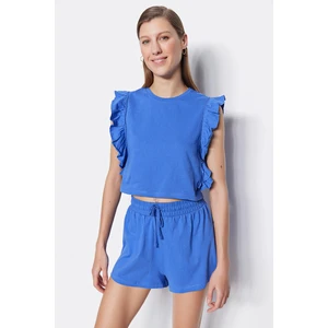 Trendyol Navy Blue 100% Cotton T-shirt with Frills-Shorts, Knitted Pajamas Set