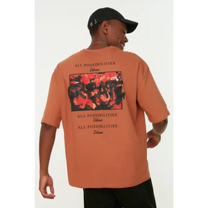 Trendyol Camel Men's Oversize Fit 100% Cotton Printed Short Sleeved T-Shirt