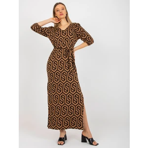 Camel and black midi dress with viscose prints