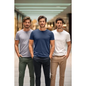 Trendyol Grey-Ecru-Indigo pánske basic slim fit tričko so 100% bavlnou 3-pack crew neck s krátkym rukávom.