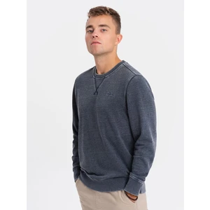 Ombre Washed men's sweatshirt with decorative stitching at the neckline - navy blue