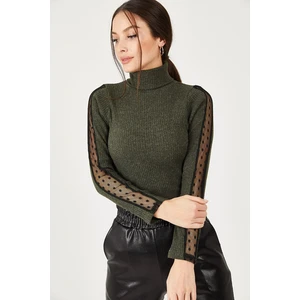 armonika Women's Khaki Neck Sleeves Lace Detailed Knitwear Sweater