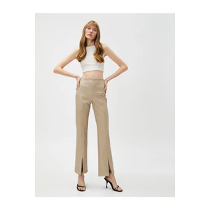 Koton Slit Trousers. Leather Look Ribbed Wide Leg.