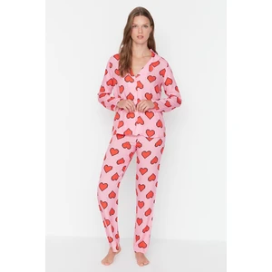 Trendyol Pink Heart Patterned Shirt Collar Viscose Woven Pajamas Set