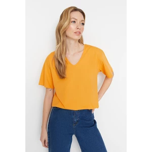 Trendyol Orange 100% Cotton Boyfriend V-Neck Knitted T-Shirt