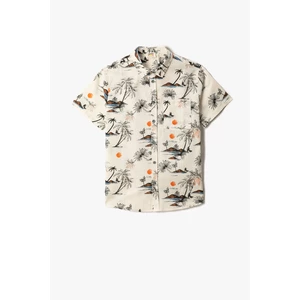 Koton Palm Pattern Short Sleeve Shirt with One Pocket, Cotton