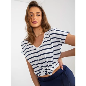 Women's striped T-shirt in white and navy blue with a V-neck