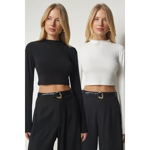 Happiness İstanbul Women's Black Ecru High Neck 2-Pack Sandy Crop Blouse