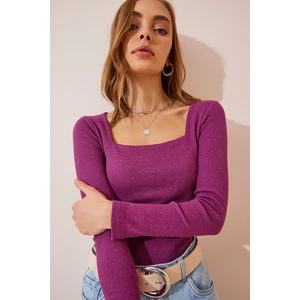 Happiness İstanbul Women's Light Plum Square Neck Corded Knitted Blouse