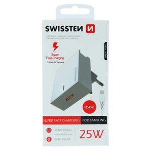 Rýchlonabíjačka Swissten Samsung Super Fast Charging 25 W + kábel USB-C/USB-C 1,2 m, biela