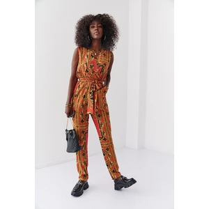 Patterned overall with orange-mustard neckline