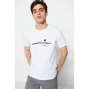 Trendyol White Men's Slim Crewneck Short Sleeve Text Printed 100% Cotton T-Shirt.