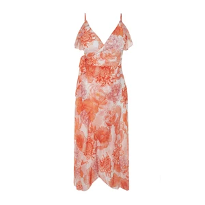 Trendyol Orange Floral Patterned Midi Dress with Tie Detail, Flounces