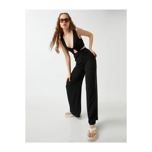 Koton Window Detailed Decollete Wide Leg Jumpsuit Linen Blend.