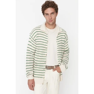 Trendyol Ecru Men's Regular Fit Striped Knitwear Cardigan with Crochet Detail.