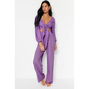 Trendyol Lilac Woven Tie Blouse and Pants Suit