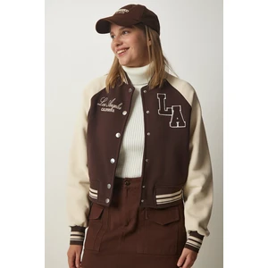 Happiness İstanbul Women's Cream Brown College Bomber Sweatshirt Coat