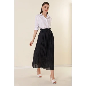 By Saygı Elastic Waist and Lined Slim Satin Striped Skirt, Navy Blue.