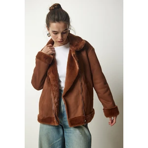 Happiness İstanbul Women's Brown Shearling Nubuck Coat