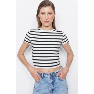 Trendyol White Stripe Baby Overlock Detail Fitted/Situated Crop Corduroy Knitted Blouse