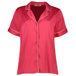 Koton Satin Pajama Top with Short Sleeves and Shirt Collar with Buttons and Embroidery