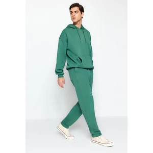 Trendyol Green Men's Oversize Basic Hooded with Elastic Legs, Basic Inside, Soft Pile Cotton Tracksuit Set.