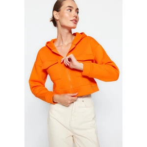 Trendyol Orange Relaxed-Cut Crop Pocket Detailed Hoodie, Fleece Inner Knitted Sweatshirt