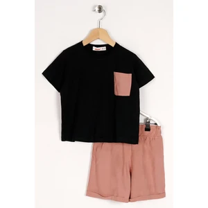 zepkids Girl's Black Powder Color Front Pocket Detailed Shorts Set.