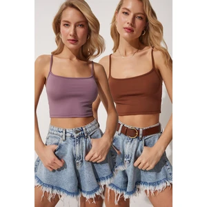 Happiness İstanbul Women's Lilac Brown 2-Pack Straps Knitted Crop Bustier Blouse