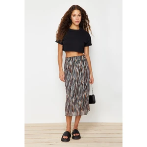 Trendyol Brown Elastic Waist, Printed Midi-Length Lined Tulle Knitted Skirt