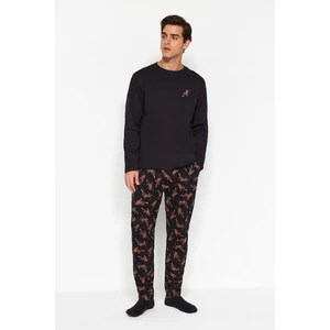 Trendyol Men's Black Regular Fit Printed Knitted Pajamas Set