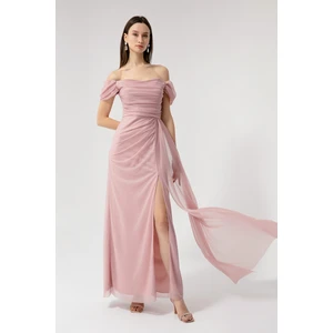 Lafaba Women's Pink Boat Collar Draped Long Glittery Evening Dress with a Slit.