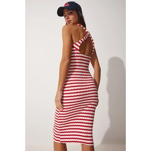 Happiness İstanbul Women's Red and White Striped Fitted Summer Knit Dress