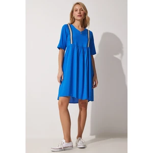 Happiness İstanbul Women's Blue V-Neck Embroidery Flare Viscose Summer Dress