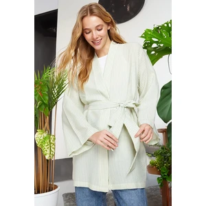 Trendyol Mint Belted Woven Seeer Striped Kimono & Kaftan