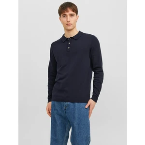 Jack & Jones Tmavě modré pánské úpletové polo tričko s dlouhým rukávem Jack & J - Pánské