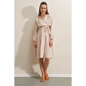 Bigdart 2369 Double Breasted Collar Ruffle Dress Beige